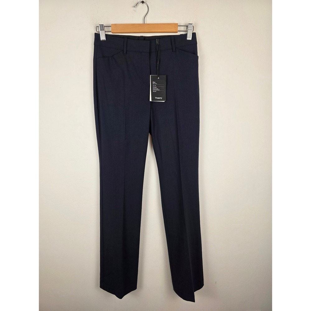Theory Max C3 Sevona Navy Blue Virgin Wool Slim Straight Leg Dress Pants 00 NEW